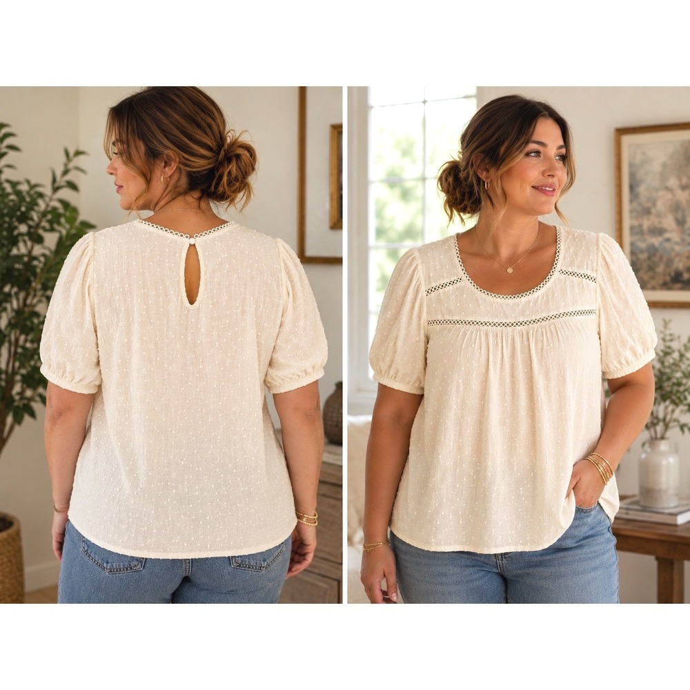 Flower & Feather Swiss Dot Blouse 1XL Cream Crochet Lace Puff Sleeves Prairie